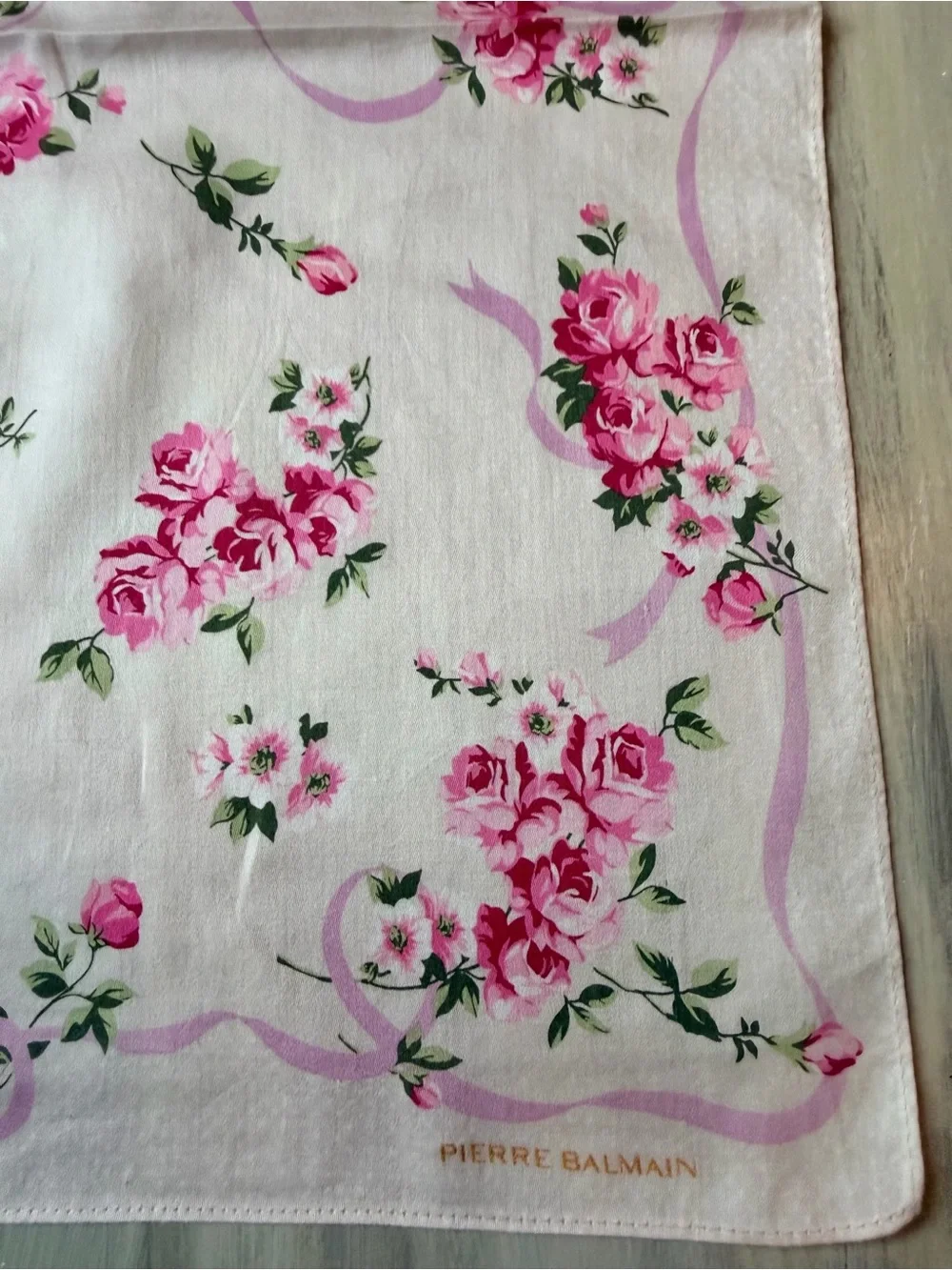 Pierre Balmain Luxury French Fashion House Scarf pink rose & ribbon floral print
